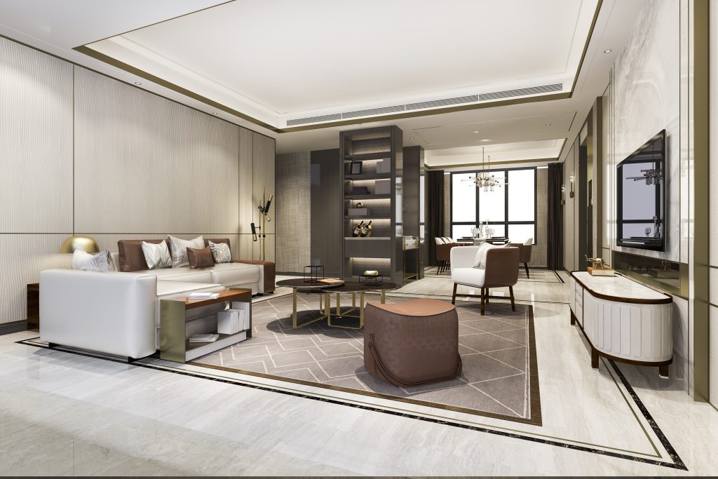 3d rendering loft luxury living room with bookshelf near dining table