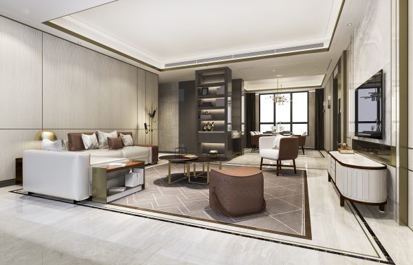 3d rendering loft luxury living room with bookshelf near dining table