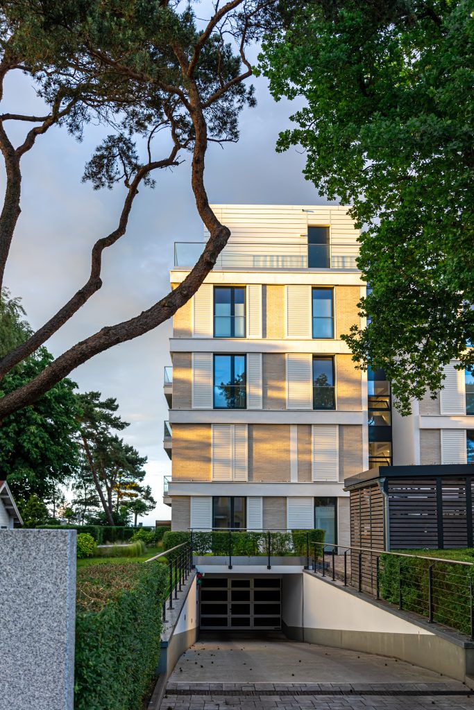 A beautiful hotel building in a resort town.