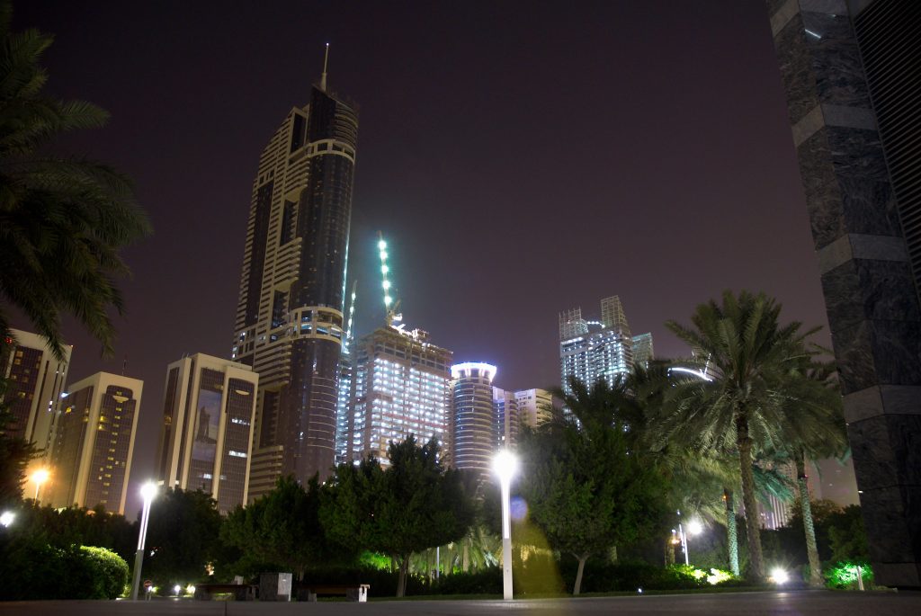 city skyline and park